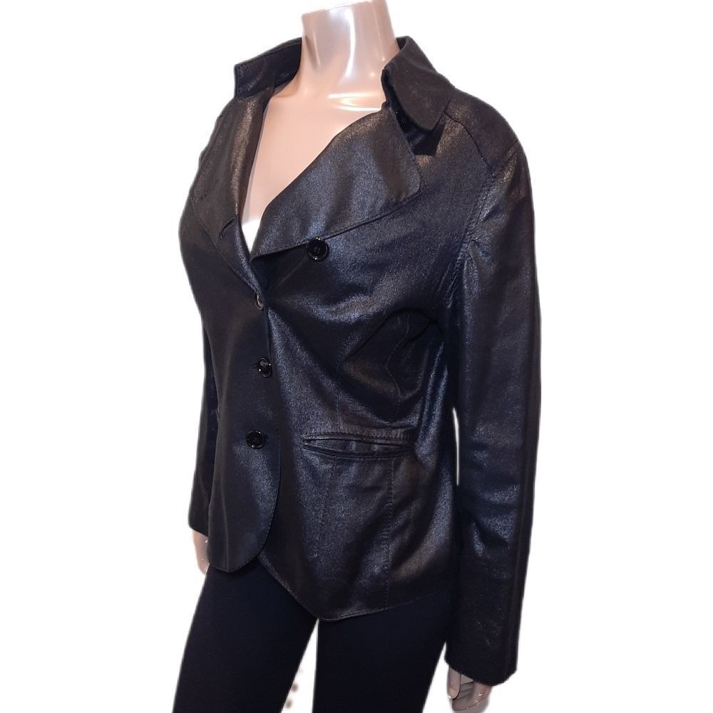 ANNE KLEIN Coated Geniune Leather Jacket Moto Style Single Breasted